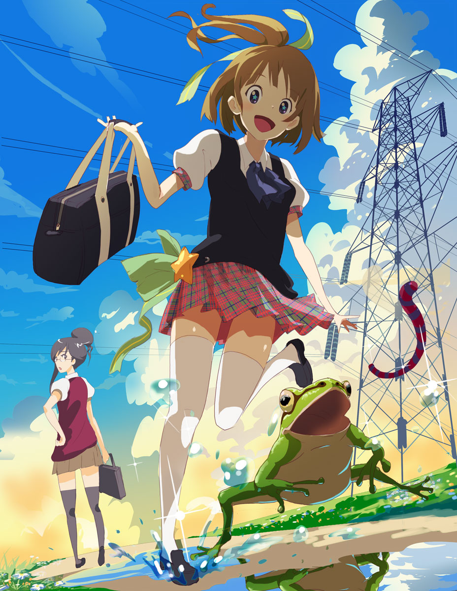 +_+, 2girls, :d, ascot, bag, black_hair, blue_eyes, brown_hair