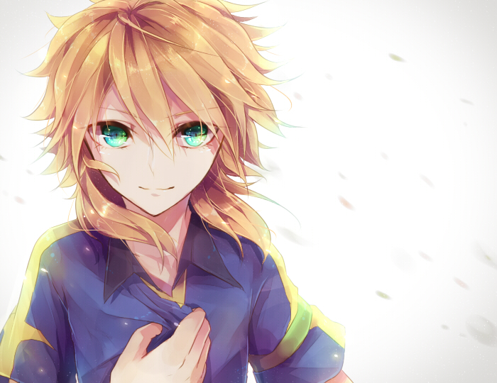1boy, amemiya_taiyou, armband, bad_id, bad_pixiv_id, blonde_hair, green_eyes, hand_on_own_chest