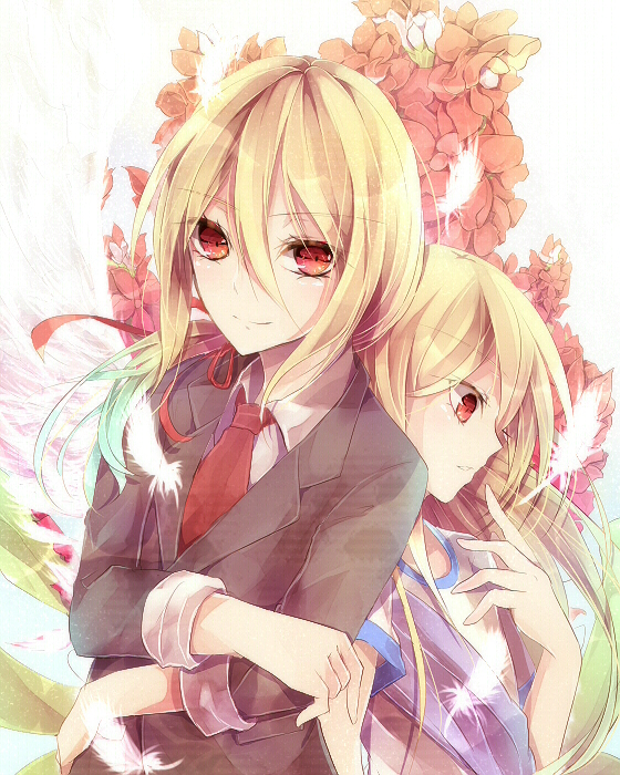 2boys, afuro_terumi, age_comparison, androgynous, bad_id, bad_pixiv_id, blonde_hair, dual_persona