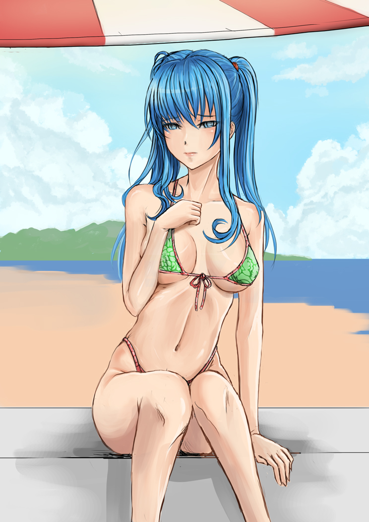 1girl, beach, bikini, blue_hair, blush, breasts, cleavage, female_focus