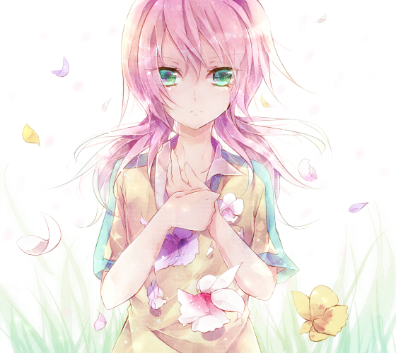 1boy, androgynous, bad_id, bad_pixiv_id, flower, grass, green_eyes, hands_on_own_chest