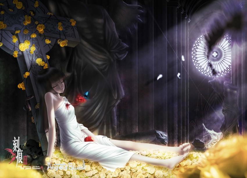 1girl, apple, arm_support, barefoot, black_hair, blood, bug, butterfly