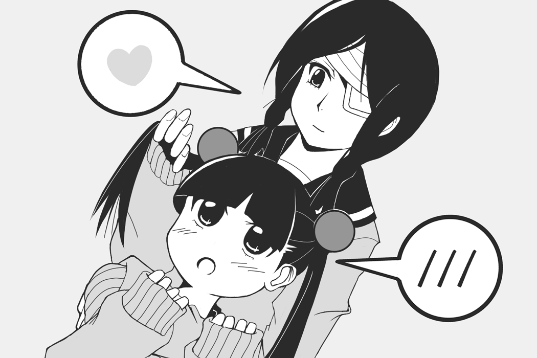 00s, 2girls, :o, bandage_over_one_eye, bandages, blunt_bangs, blush, cardigan, embarrassed, eyepatch, greyscale, hair_bobbles, hair_ornament, heart, kobushi_abiru, light_smile, long_sleeves, monochrome, multiple_girls, otonashi_meru, parted_bangs, ropesu, sayonara_zetsubou_sensei, school_uniform, serafuku, sleeves_past_wrists, sphere_hair_ornament, spoken_blush, spoken_heart, twintails