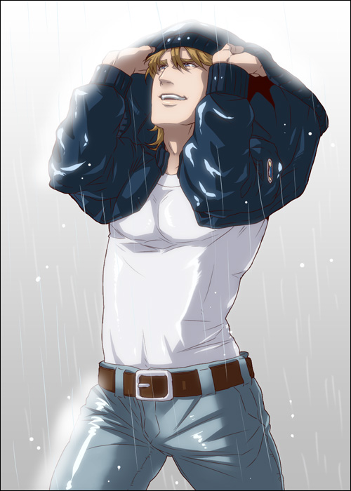 10s, 1boy, bad_id, bad_pixiv_id, belt, blonde_hair, blue_eyes, blue_jacket, bomber_jacket, clothes_lift, covering_head, jacket, keith_goodman, male_focus, nariie_shin'ichirou, naruseyo, rain, shirt_lift, short_hair, solo, tiger_&amp;_bunny