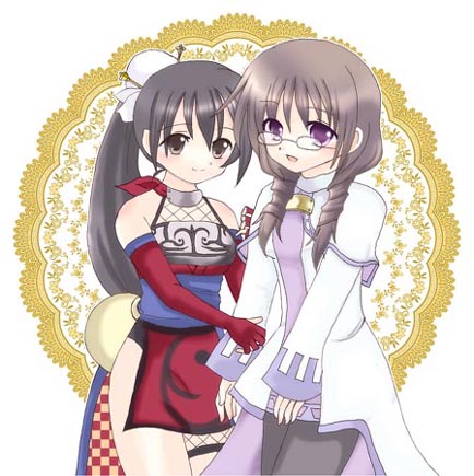 2girls, bare_shoulders, black_hair, brown_eyes, brown_hair, cecille, glasses, lowres