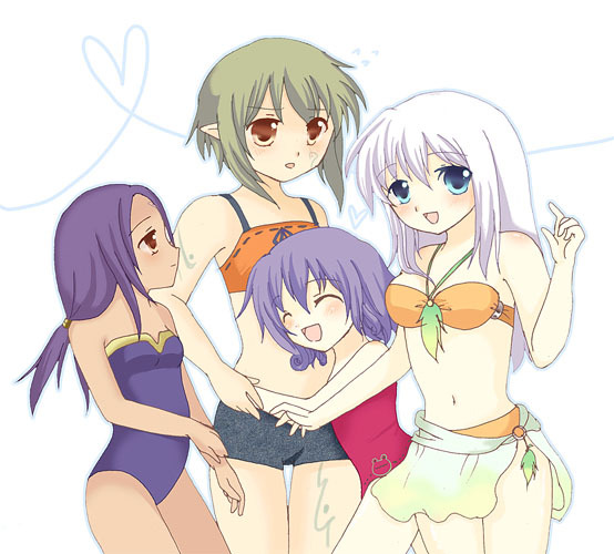 bare_shoulders, bikini, blue_eyes, breasts, brown_eyes, green_hair, lucia_(luminous_arc), luminous_arc, mavi, mel_(luminous_arc), navel, open_mouth, purple_hair, swimsuit, vivi_(luminous_arc), white_hair