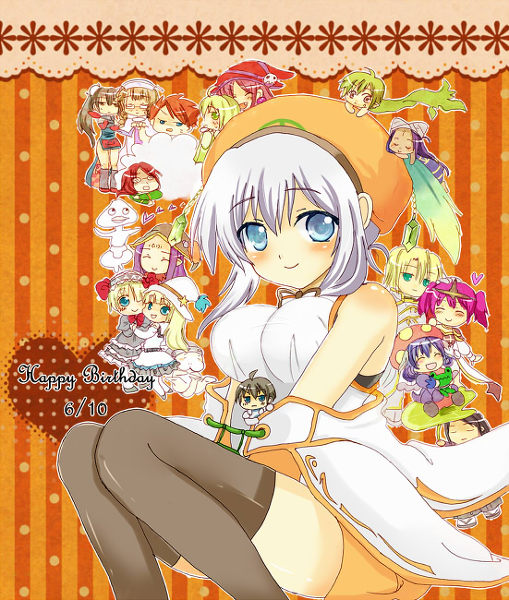 alice_(luminous_arc), alph_(luminous_arc), bare_shoulders, black_hair, blonde_hair, blue_eyes, breasts, brown_eyes