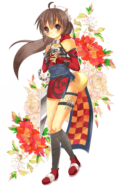 bare_shoulders, brown_eyes, brown_hair, flower, luminous_arc, saki_(luminous_arc), shoes, weapon