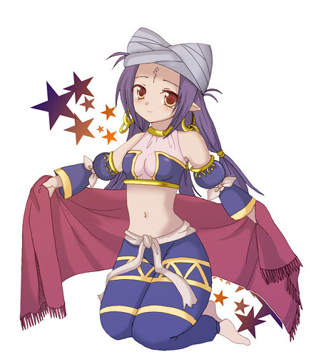 bare_shoulders, brown_eyes, choker, lowres, luminous_arc, navel, pointy_ears, purple_hair, vivi_(luminous_arc)