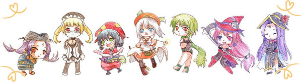 blonde_hair, blue_eyes, blue_hair, brown_eyes, cecille, claire_(luminous_arc), glasses, green_eyes, green_hair, hat, heterochromia, long_hair, lucia_(luminous_arc), luminous_arc, mavi, mel_(luminous_arc), pink_hair, purple_hair, red_eyes, vanessa_(luminous_arc), vivi_(luminous_arc), weapon, white_hair, witch_hat