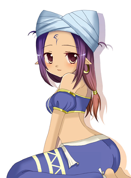 bare_shoulders, brown_eyes, earrings, jewelry, luminous_arc, pointy_ears, purple_hair, vivi_(luminous_arc)