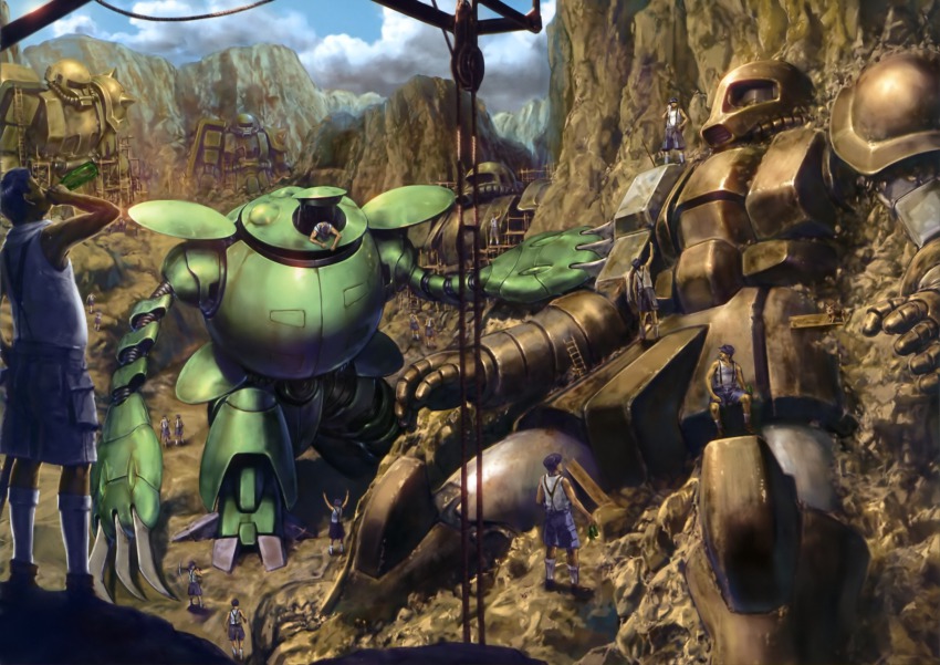 6+boys, arms_up, borjarnon, borjarnon_gavane_gooney_custom, bottle, cloud, drinking, gundam, hat, highres, kapool, ladder, male_focus, mecha, multiple_boys, outdoors, pickaxe, realistic, robot, shorts, sky, socks, turn_a_gundam, zaku_i, zaku_ii
