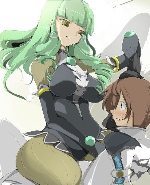 1boy, 1girl, asbel_lhant, blue_eyes, breasts, emeraude_(tales_of_graces), green_eyes, green_hair, name_john, red_hair, tales_of_(series), tales_of_graces