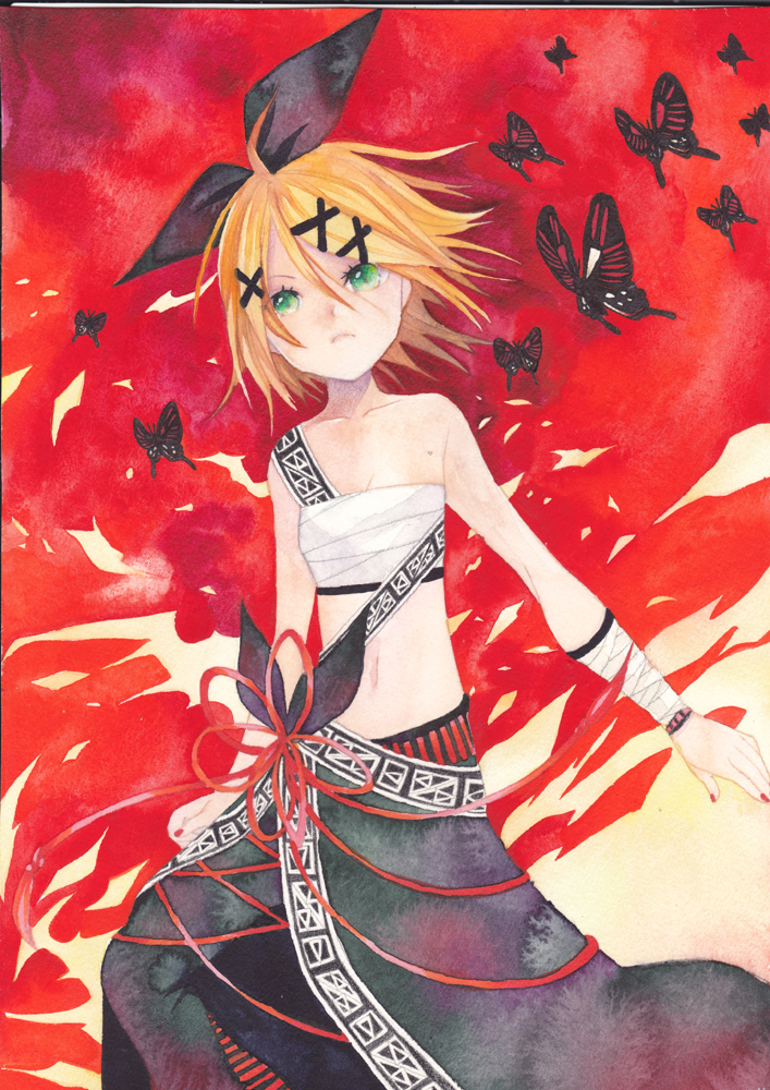 1girl, alternate_costume, bare_shoulders, bow, bug, butterfly, collarbone, colored_pencil_(medium)