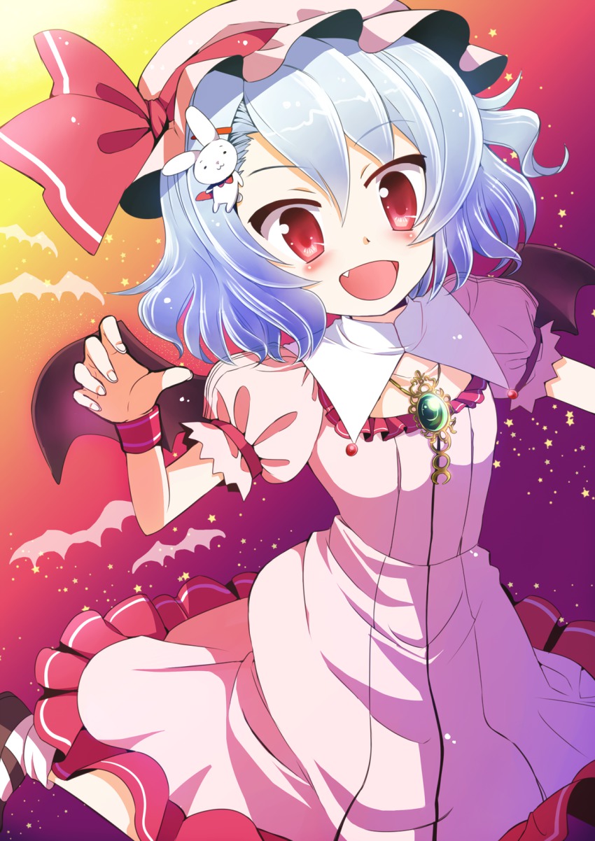 1girl, bat_wings, blue_hair, rabbit, dress, female_focus, hat, highres