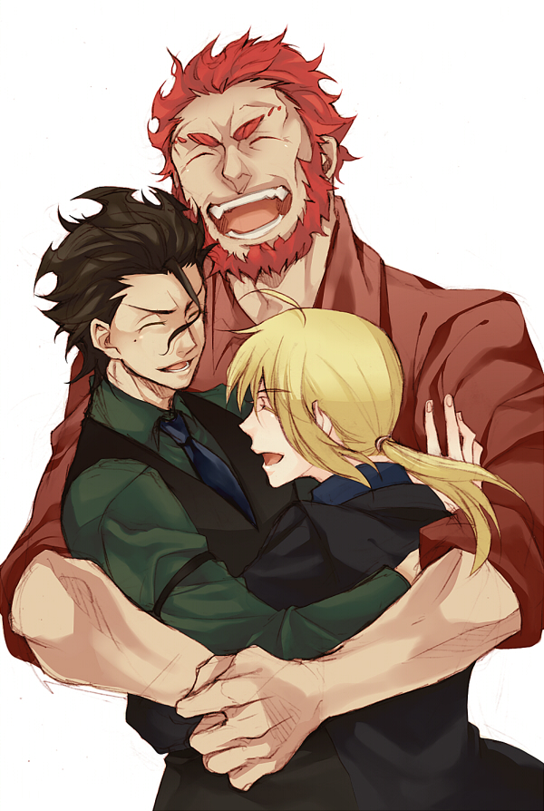1girl, 2boys, ^_^, ahoge, artoria_pendragon_(fate), bad_id, bad_pixiv_id, beard