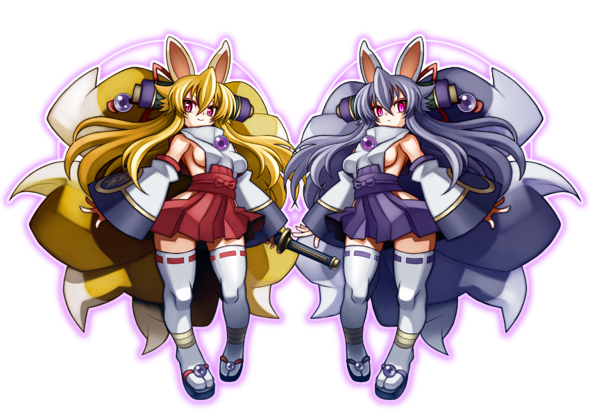 2girls, animal_ears, bad_id, bad_pixiv_id, breasts, dual_persona, fox_ears, fox_tail