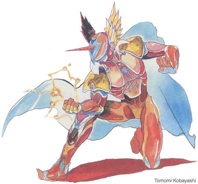 alkaiser, armor, bodysuit, cape, full_armor, greaves, head_wings, helmet, horns, muscular, official_art, red_(saga_frontier), saga, saga_frontier, single_horn, superhero_costume, tomomi_kobayashi, torn_clothes, wings