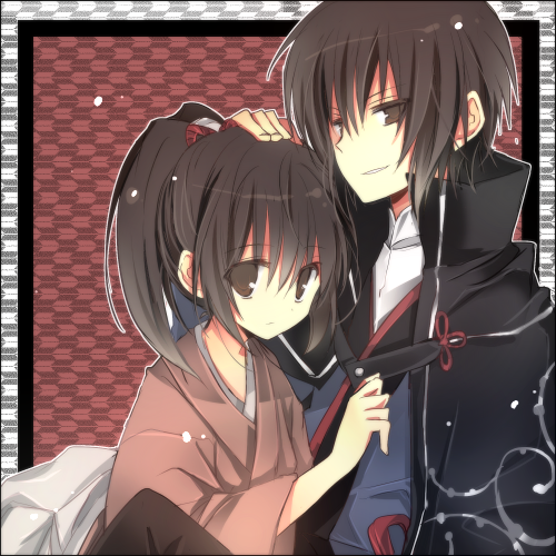 10s, 1boy, 1girl, brown_eyes, brown_hair, hakuouki_shinsengumi_kitan, hand_on_another's_head, japanese_clothes