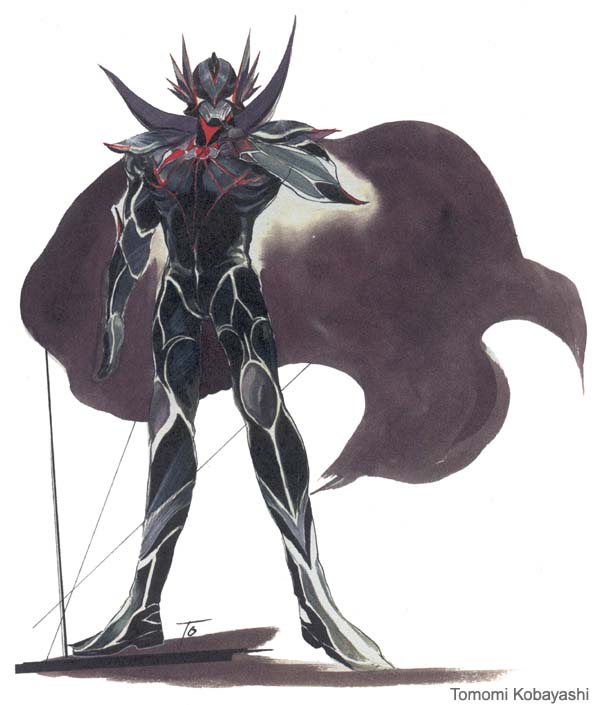 alkarl, armor, bird, bodysuit, cape, full_armor, greaves, hawk, head_wings, helmet, horns, muscular, official_art, saga, saga_frontier, single_horn, superhero_costume, tomomi_kobayashi, torn_clothes, wings