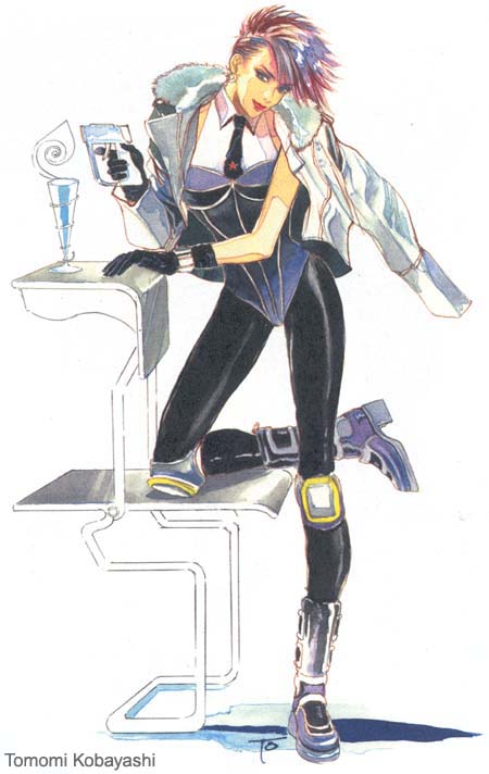 1girl, doll, doll_(saga), energy_weapon, female_focus, gloves, gun, handgun, official_art, pistol, saga, saga_frontier, solo, tomomi_kobayashi, weapon