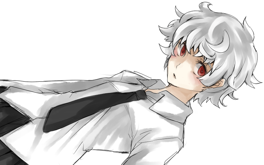 .flow, 1girl, bad_id, bad_pixiv_id, female_focus, necktie, red_eyes, sabitsuki, shigure_shou, short_hair, solo, uniform, white_hair