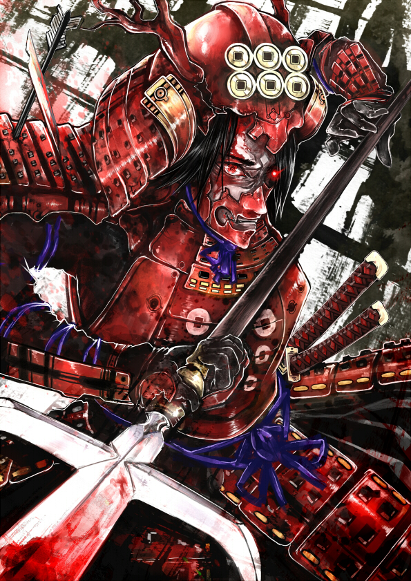 1boy, armor, arrow_(projectile), asuke_yuki, bad_id, bad_pixiv_id, black_hair, blood