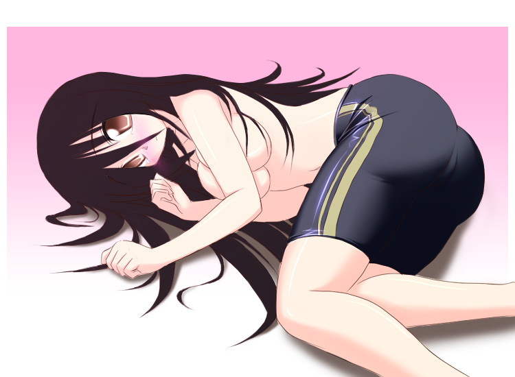 00s, 1girl, ass, bike_shorts, breasts, brown_eyes, female_focus, gradient_background