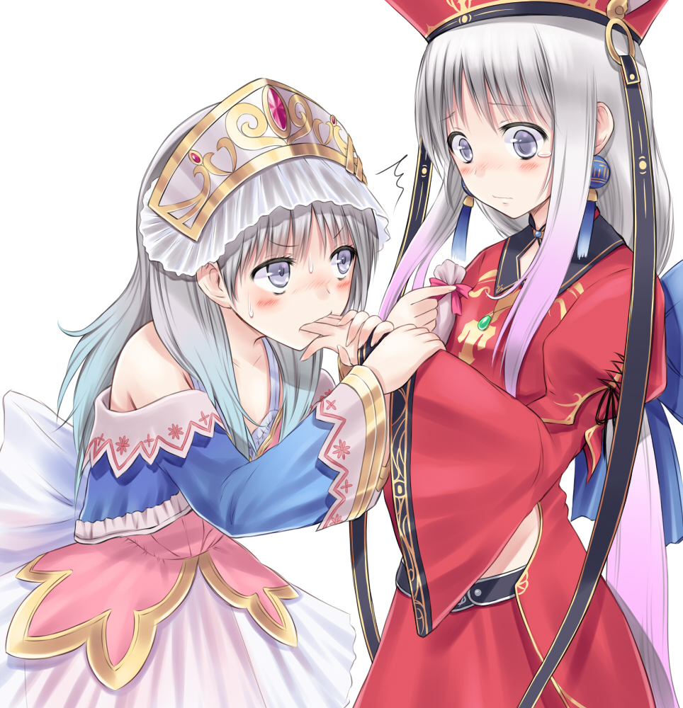 2girls, ^^^, atelier_(series), atelier_judie, atelier_totori, blue_eyes, blush, bow, dress, earrings, female_focus, finger_in_another's_mouth, finger_sucking, grey_eyes, hand_grab, hay, headdress, holding_another's_wrist, in-franchise_crossover, jewelry, judith_volltone, long_hair, multiple_girls, silver_hair, simple_background, strapless, strapless_dress, suzushiro_yukari, sweat, tears, totooria_helmold, very_long_hair, white_background, yuri