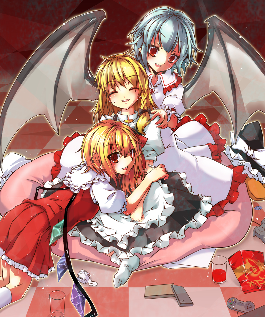 3girls, apron, bat_wings, blonde_hair, blue_hair, blush, bow, braid