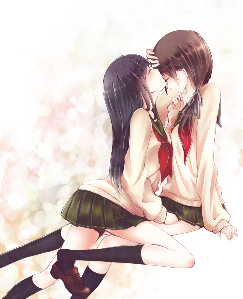 2girls, black_hair, black_legwear, brown_hair, closed_eyes, kissing_forehead, hand_under_clothes, hand_under_skirt
