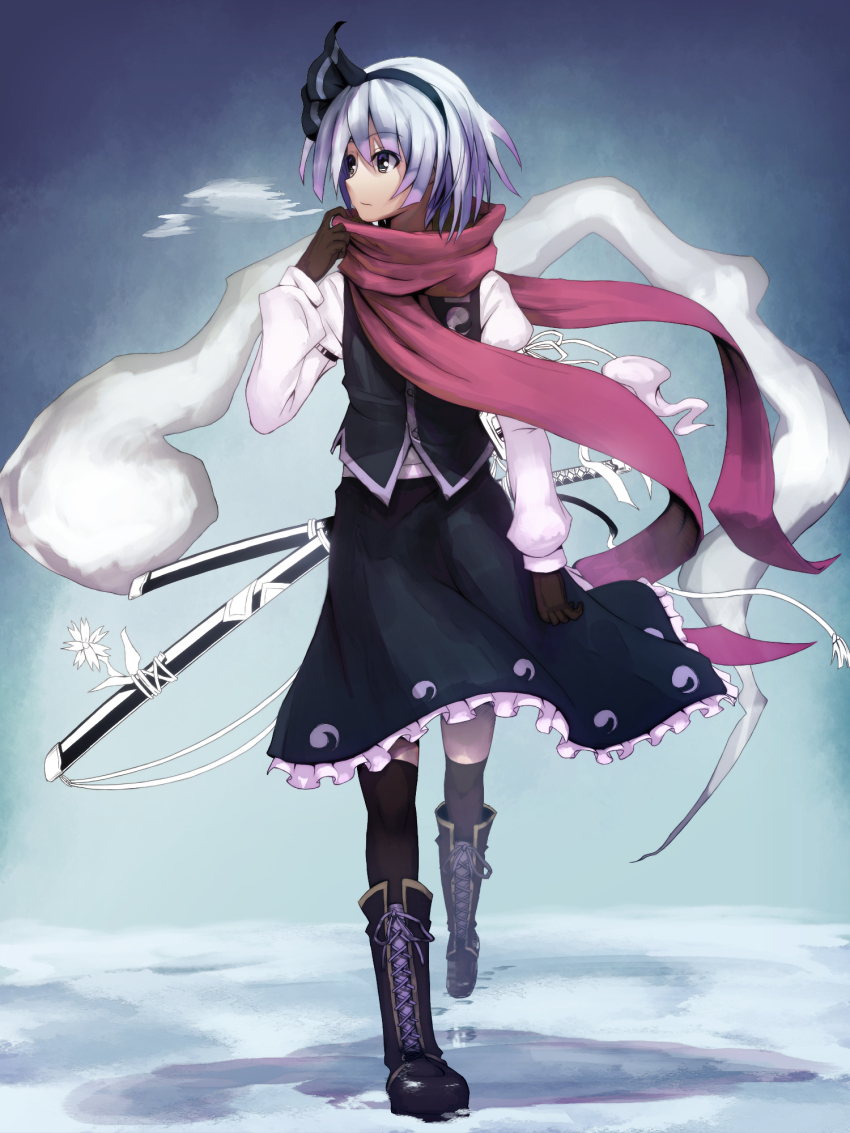 1g_no_izumi, 1girl, black_socks, black_thighhighs, boots, breath, brown_gloves, colorized