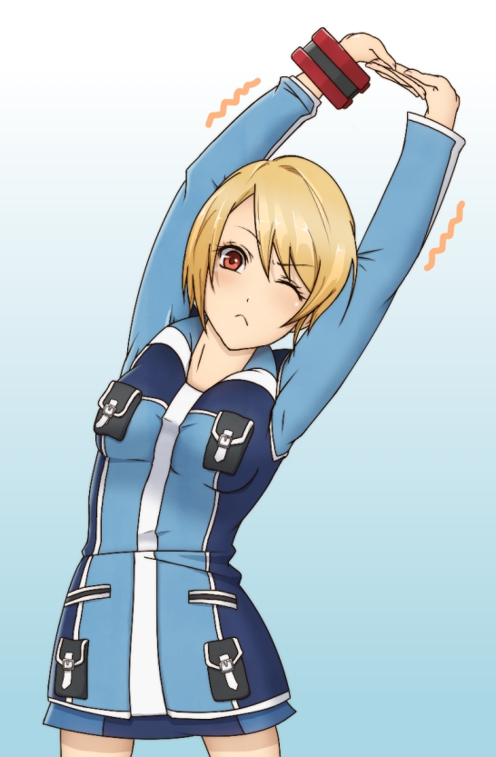 10s, 1girl, :<, annette_koenig, blonde_hair, cowboy_shot, exercising, female_focus