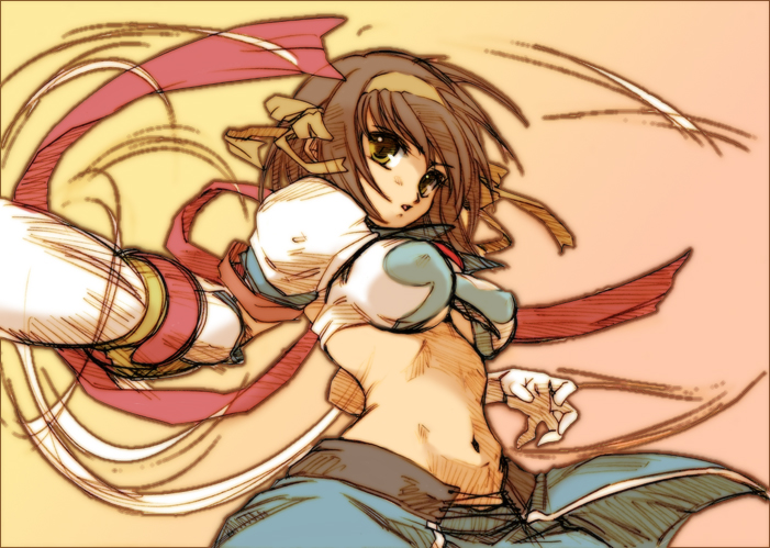 00s, 1girl, breasts, brown_hair, female_focus, hairband, hisahiko, midriff