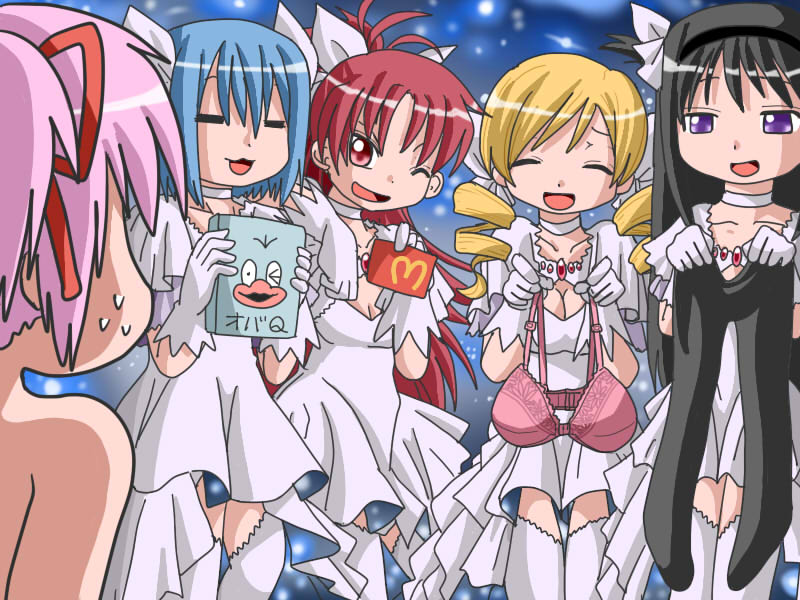 5girls, :3, =_=, ^_^, akemi_homura, black_hair, blonde_hair, blue_hair