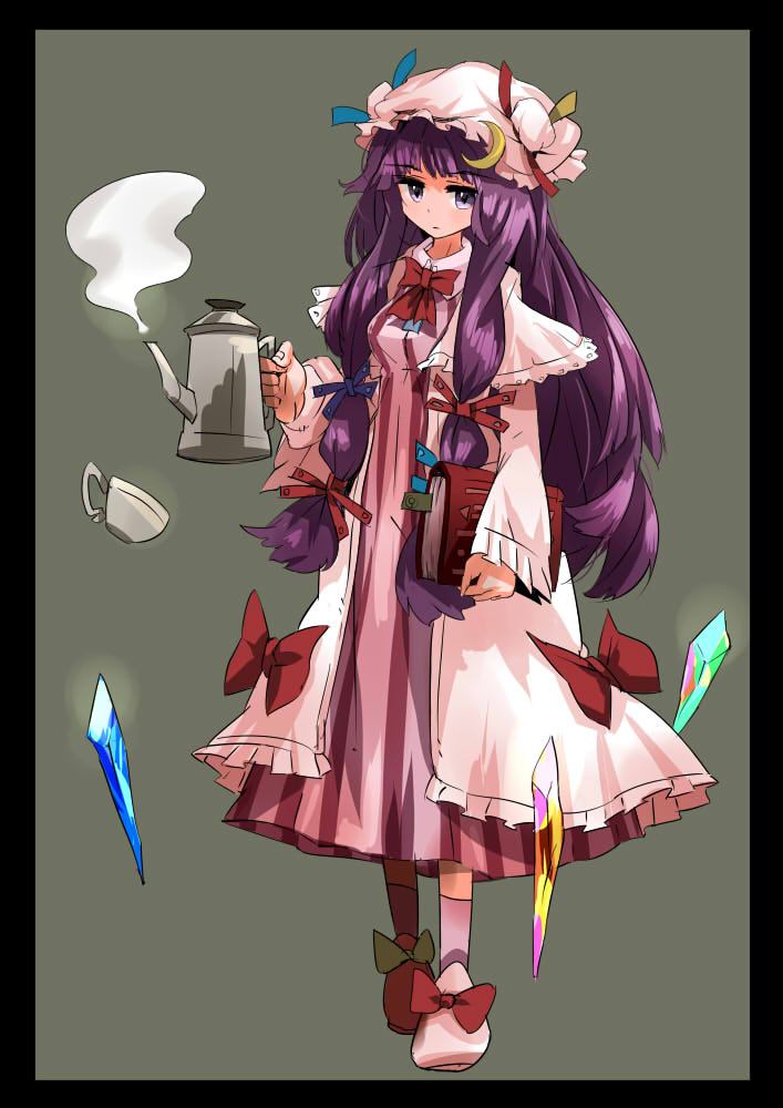 1girl, book, border, bow, crescent, crystal, cup, dress