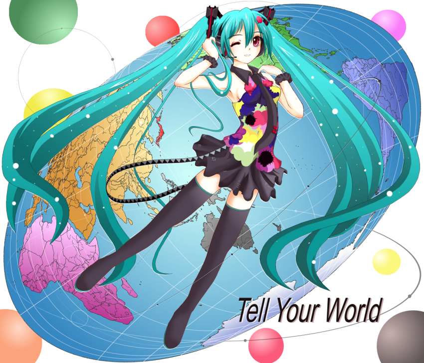 1girl, aqua_hair, armpits, boots, female_focus, globe, hatsune_miku, headset
