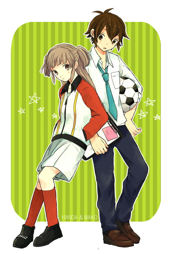 1boy, 1girl, bad_id, bad_pixiv_id, ball, brown_eyes, brown_hair, handa_shin'ichi