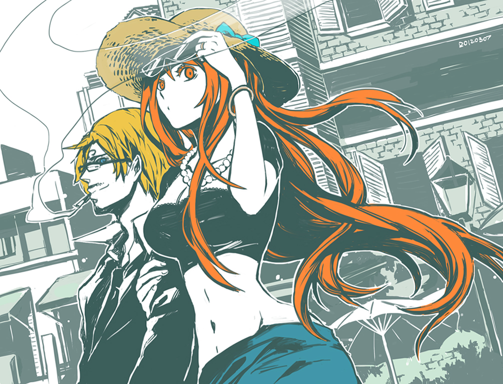 1boy, 1girl, adjusting_eyewear, arm_hug, ass, bangle, bespectacled, blonde_hair, blue_eyes, bow, bracelet, breasts, building, cigarette, cleavage, couple, facial_hair, glasses, hair_over_one_eye, hat, hat_bow, hetero, hip_focus, jewelry, juliaczzz, lamppost, long_hair, looking_at_viewer, midriff, mustache, nami_(one_piece), navel, necklace, one_piece, orange_eyes, orange_hair, sanji_(one_piece), short_hair, smile, smoking, straw_hat, sunglasses