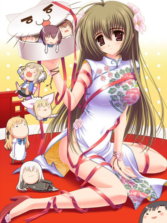 00s, 1boy, 6+girls, bare_shoulders, blush, brown_eyes, brown_hair, chibi, china_dress, chinese_clothes, dress, flower, hair_flower, hair_ornament, high_heels, in_container, itsukushima_takako, juujou_shion, long_hair, mikado_mariya, miyanokouji_mizuho, multiple_girls, norita, otome_wa_boku_ni_koishiteru, ribbon, shoes, smile, suoin_kana, suouin_kana, trap, yoda_(love_love_show)