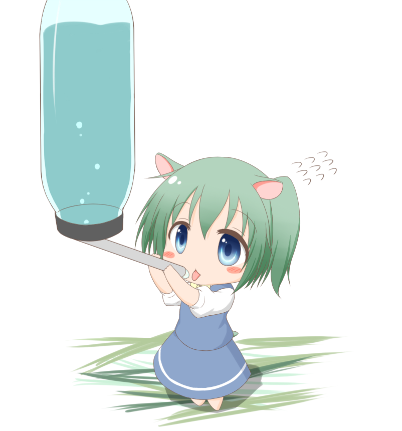 1girl, animal_ears, blue_eyes, blush_stickers, bottle, chibi, daiyousei, drinking, edamame_(barium), female_focus, flying_sweatdrops, green_hair, hamster_ears, mini_person, minigirl, missing_wings, short_hair, side_ponytail, skirt, solo, tongue, tongue_out, touhou, vest, water_bottle