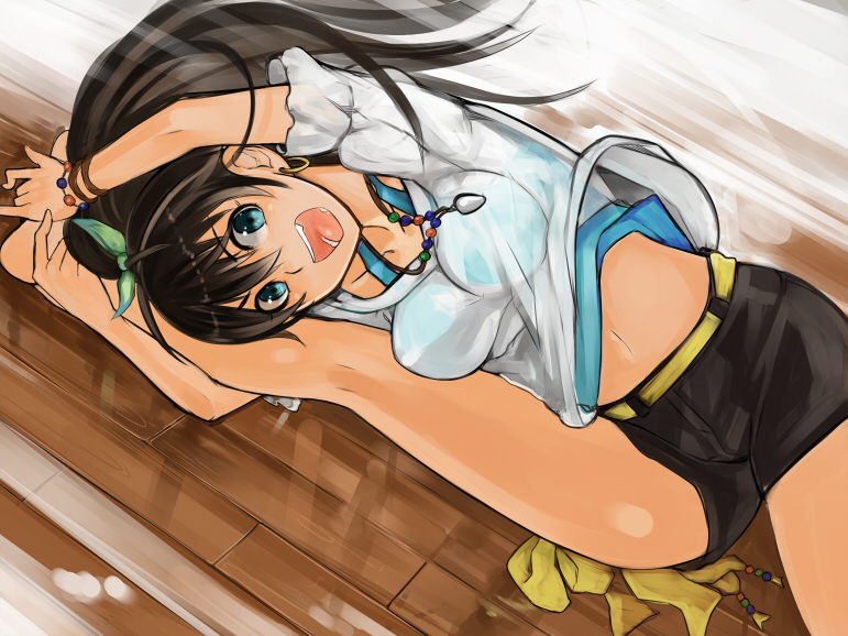 10s, 1girl, :d, aqua_eyes, barefoot, belt, black_hair, blue_eyes