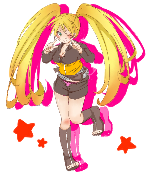 1girl, blonde_hair, blush, female_focus, fishnets, genderswap, genderswap_(mtf), green_eyes, hikaru_(hkr3224), jacket, long_hair, naruko_(naruto), naruto_(classic), naruto_(series), one_eye_closed, panties, pink_panties, short_shorts, shorts, solo, standing, toes, twintails, underwear, uzumaki_naruto, wink