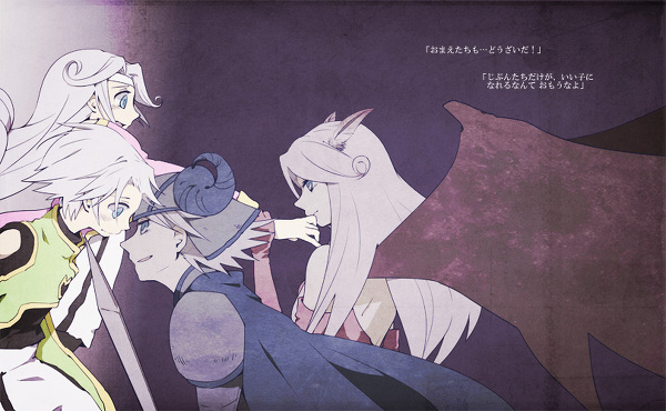 2boys, 2girls, armor, bare_shoulders, blue_eyes, cape, dio_(tales), dios_(tales), helmet, mel_(tales), meltia_(tales), multiple_boys, multiple_girls, silver_hair, tales_of_(series), tales_of_phantasia:_narikiri_dungeon, tales_of_phantasia:_narikiri_dungeon_x, wings