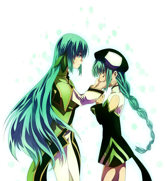 00s, 2girls, bare_shoulders, breasts, green_eyes, green_hair, hat, long_hair