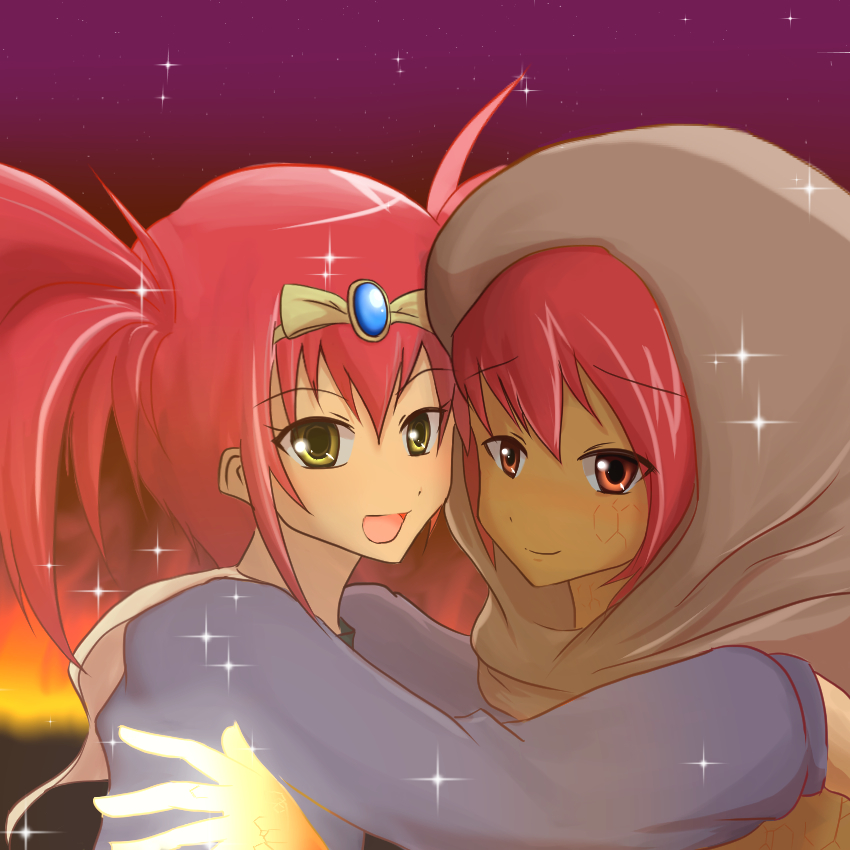 2girls, coat, dark-skinned_female, dark_skin, female_focus, happy, hood, hug