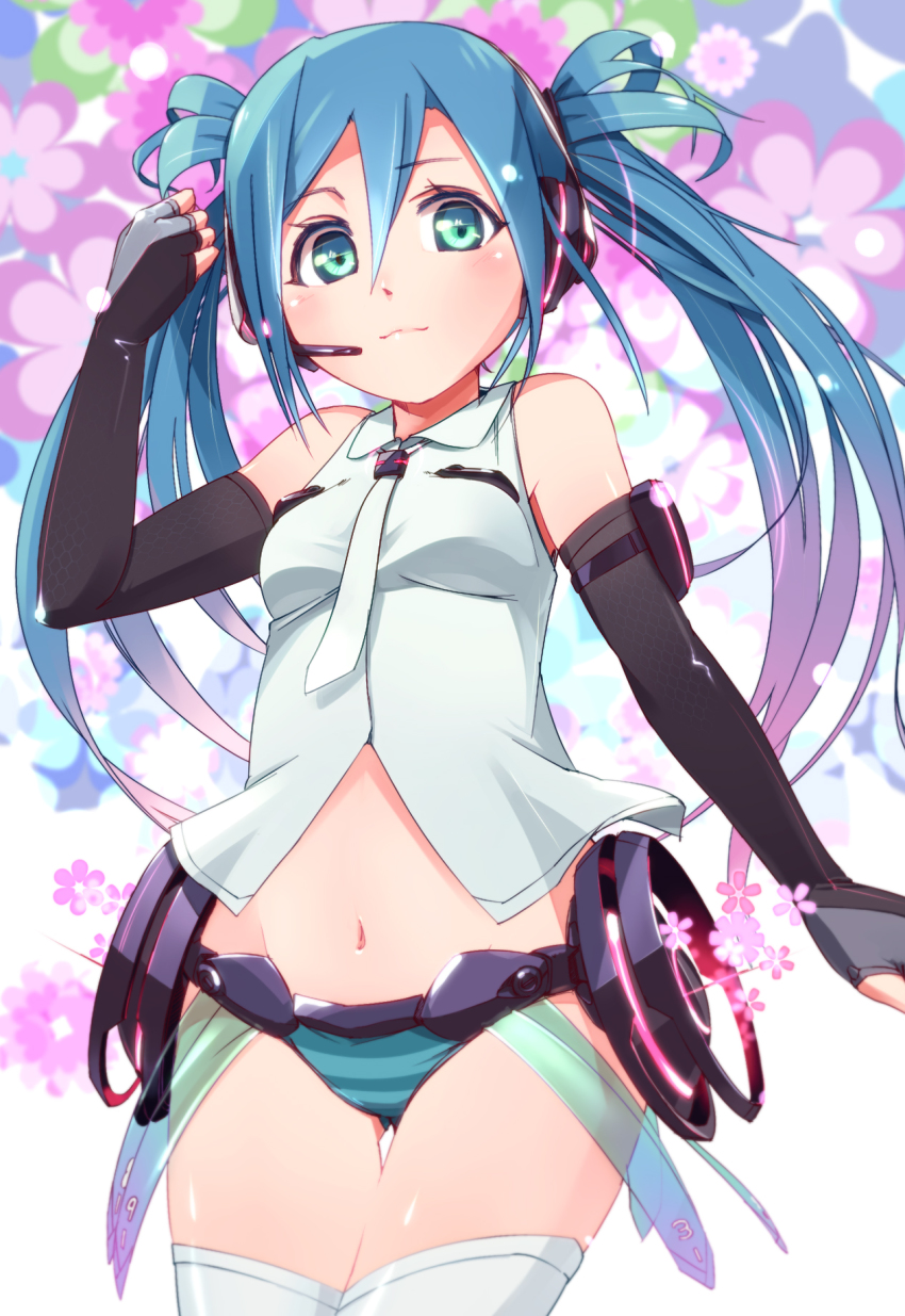 1girl, aqua_eyes, aqua_hair, bad_id, bad_pixiv_id, elbow_gloves, female_focus, fingerless_gloves