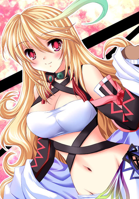 1girl, ahoge, bandeau, blonde_hair, breasts, choker, cleavage, female_focus