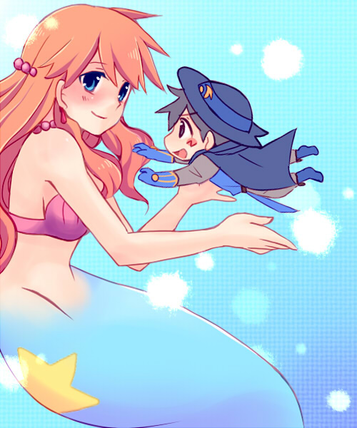 1boy, 1girl, alternate_costume, alternate_hair_length, alternate_hairstyle, ash_ketchum, belt, bikini, bikini_top_only, black_hair, blue_background, blue_eyes, blush, bubble, cape, chibi, child, cosplay, earrings, gloves, hagino_aki, hat, imminent_hug, jewelry, long_hair, mermaid, mermaid_misty_(pokemon), mini_person, miniboy, misty_(pokemon), monster_girl, necklace, nintendo, orange_hair, pokemon, pokemon:_lucario_and_the_mystery_of_mew, pokemon_(anime), pokemon_the_series:_ruby_and_sapphire, sir_aaron, sir_aaron_(cosplay), smile, star_(symbol), swimsuit, underwater