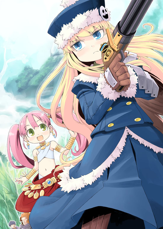 2boys, 2girls, :d, angry, armlet, armor, atlus, bard_(sekaiju)